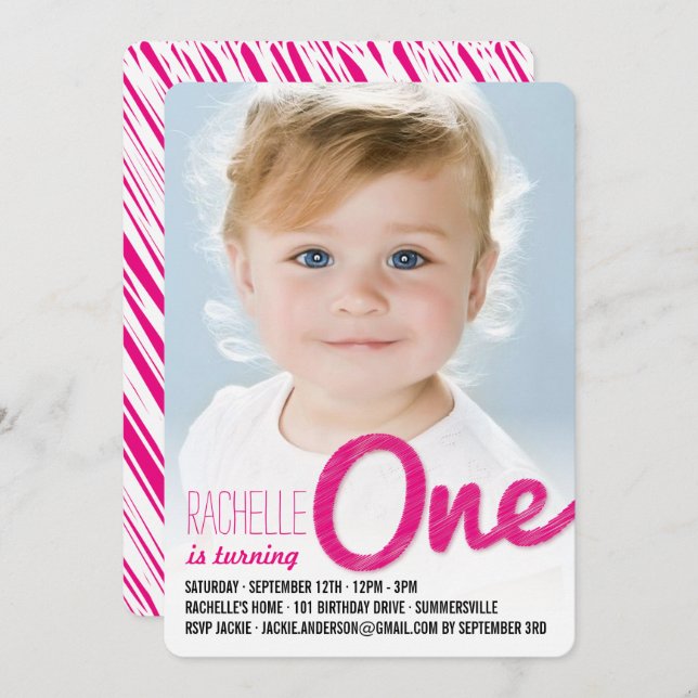 Pink Big Sketch One Baby Girl First Birthday Party Invitation (Front/Back)