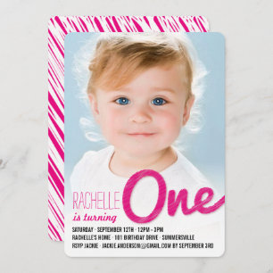 Pink Big Sketch One Baby Girl First Birthday Party Invitation