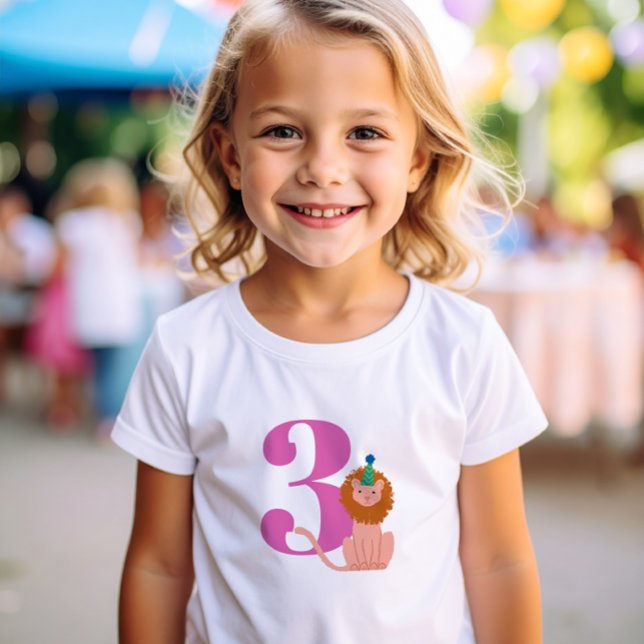 Pink Big Year Birthday Party Lion T-Shirt (Party Animals 3rd Birthday t-shirt with African lion wearing a party hat and large pink number 3)