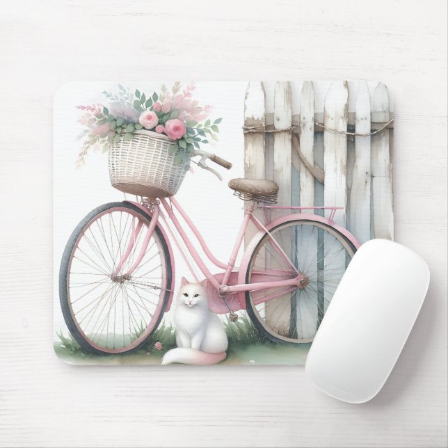 Pink Bike and White Cat Mouse Pad (With Mouse)