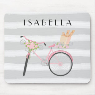 Pink Bike with French Bread and Grey Watercolor Mouse Pad