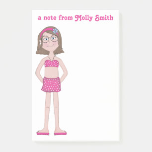 Pink Bikini, fair skin, brunette, blue, Bob, Glass Post-it Notes