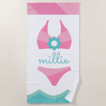 Pink Bikini Swimsuit Personalised Beach Towel