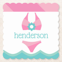 Pink Bikini Swimsuit Personalised Paper Coasters