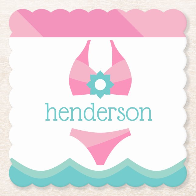 Pink Bikini Swimsuit Personalised Paper Coasters (Front)