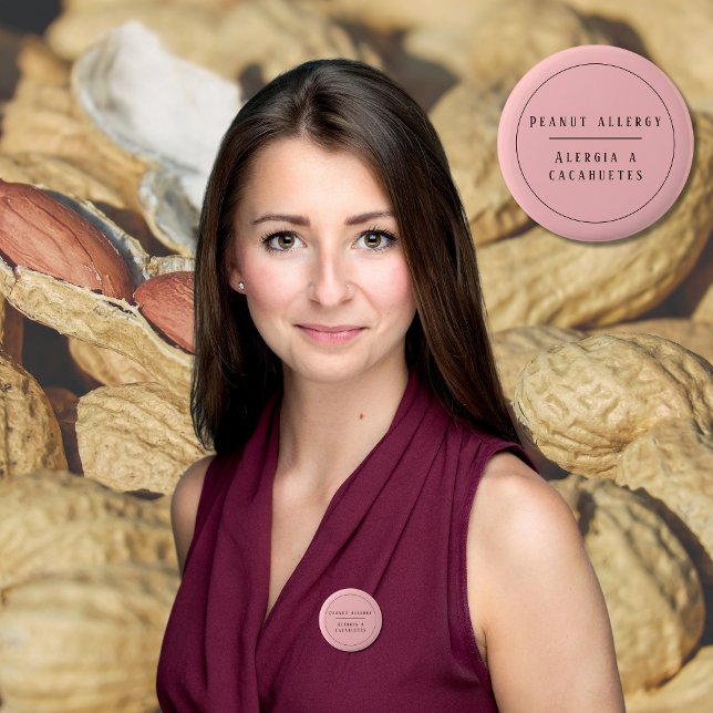Pink Bilingual Peanut Allergy Alert Spanish 6 Cm Round Badge (Bilingual Spanish alert Peanut allergy, custom text & name. Multilingual project)