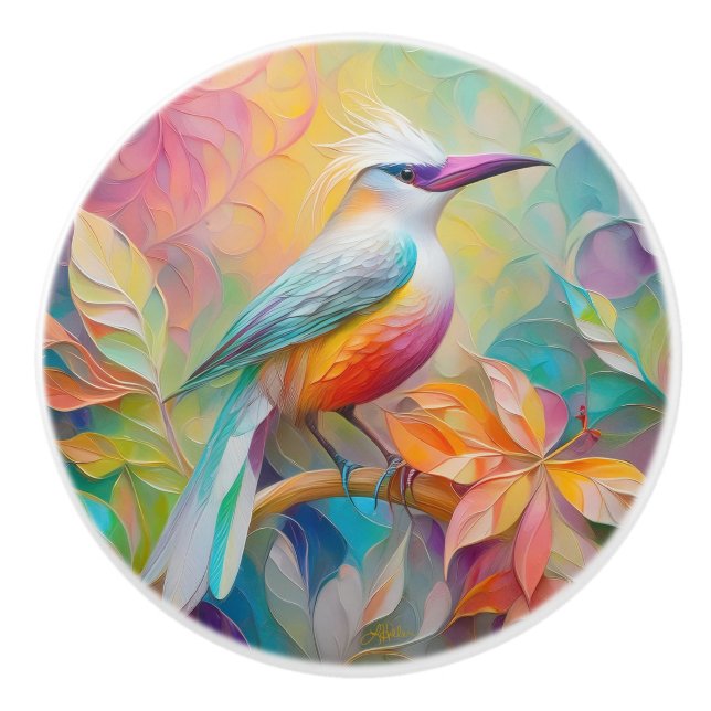 Pink Billed Red Breasted Fantasy Bird Ceramic Knob (Front)