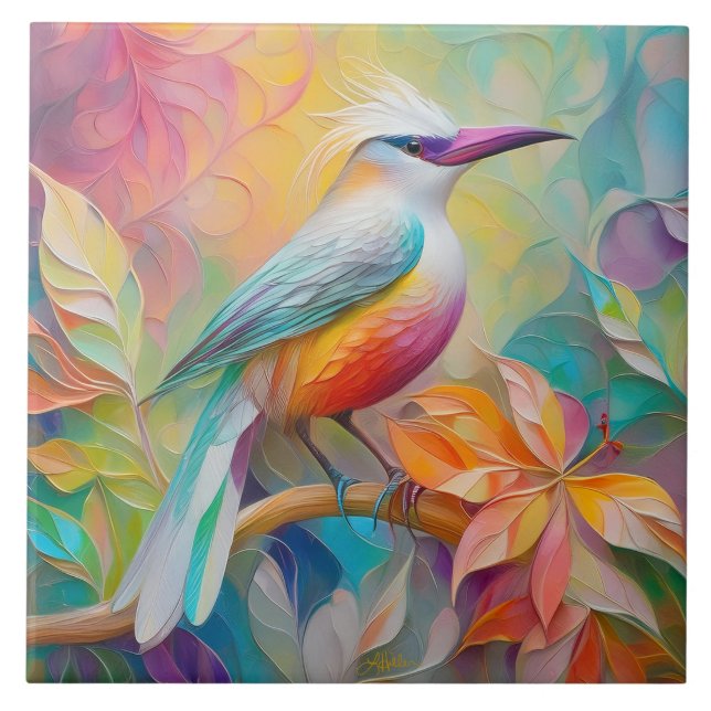 Pink Billed Red Breasted Fantasy Bird Ceramic Tile (Front)