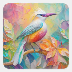 Pink Billed Red Breasted Fantasy Bird Square Sticker