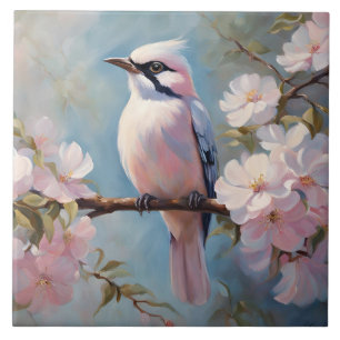 Pink Bird and Cherry Blossom Flowers  Ceramic Tile
