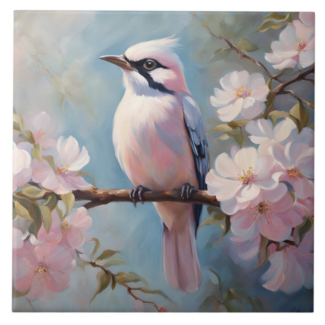 Pink Bird and Cherry Blossom Flowers  Ceramic Tile (Front)