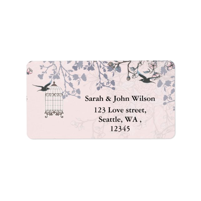 pink bird cage, love birds return address labels (Front)