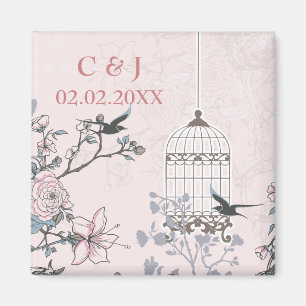 pink bird cage, love birds save the date magnets