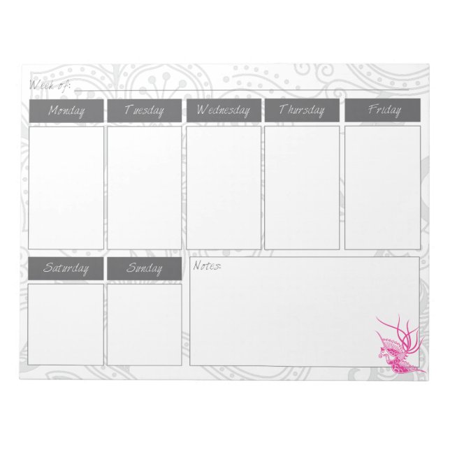 Pink Bird & Floral Pattern Weekly Calendar Notepad (Front)
