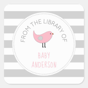 Pink Bird girl book baby shower bookplate Square Sticker