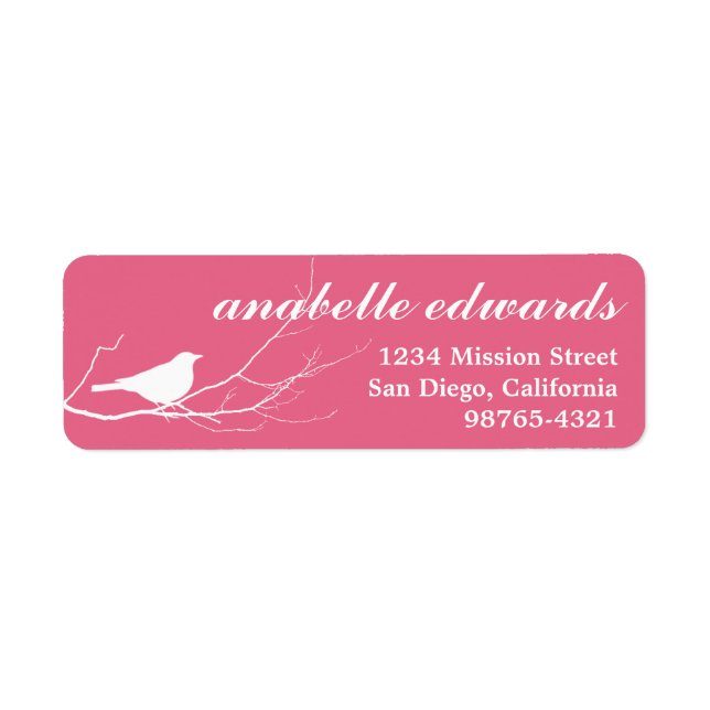 Pink bird on branch modern custom return address label (Front)