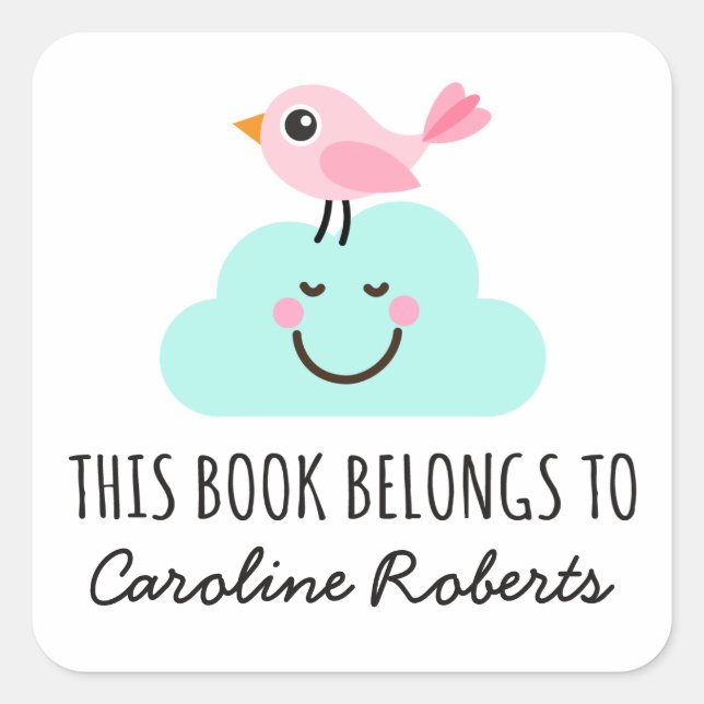 Pink bird on happy cloud cute bookplate square sticker (Front)