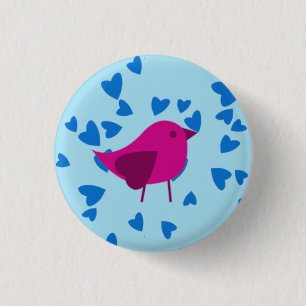 Pink bird with blue hearts 3 cm round badge