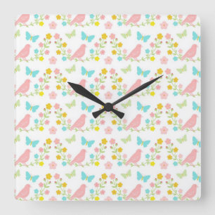 Pink birds and blue butterflies square wall clock