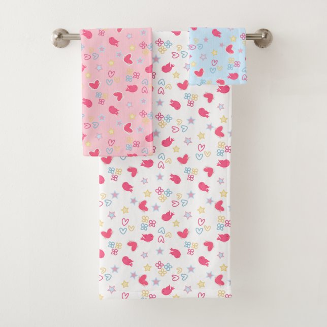 Pink Birds and Love Hearts Bath Towel Set (Insitu)