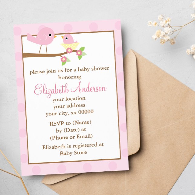 Pink Birds in a Nest Girl Baby Shower Invitation (Creator Uploaded)