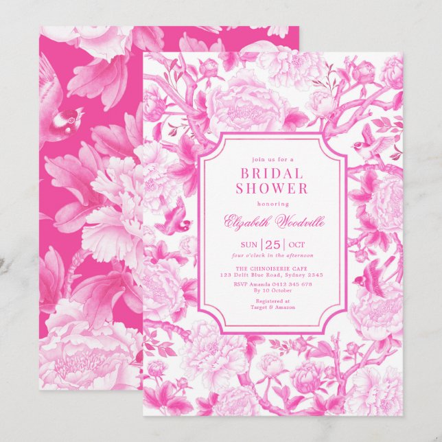 Pink Birds & Peonies Chinoiserie Bridal Shower Invitation (Front/Back)