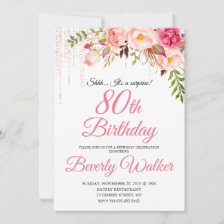 Pink Birthday 80th Surprise Floral  Invitation