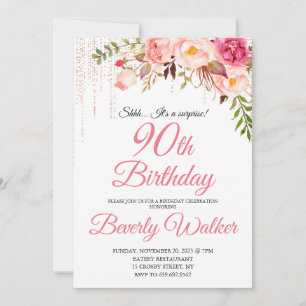 Pink Birthday 90th Surprise Floral  Invitation