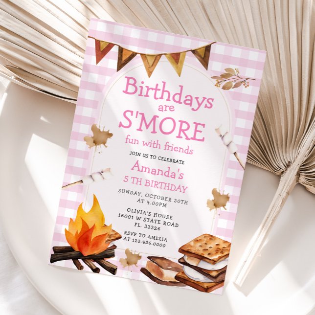 Pink Birthday are S'mores Fun Campfire Gingham Invitation (Creator Uploaded)