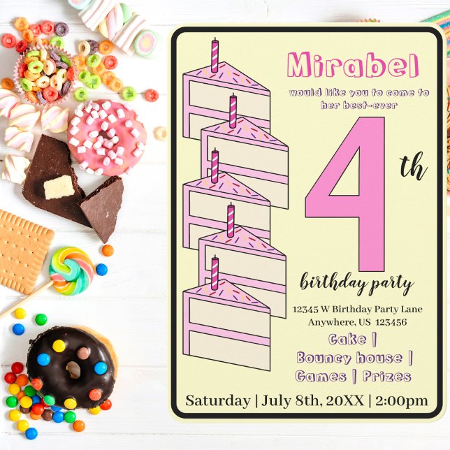 Pink Birthday Cake 4th Birthday Party Kids Invitation (Creator Uploaded)
