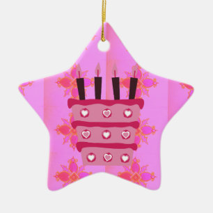 Pink Birthday Cake Art Print Ceramic Ornament