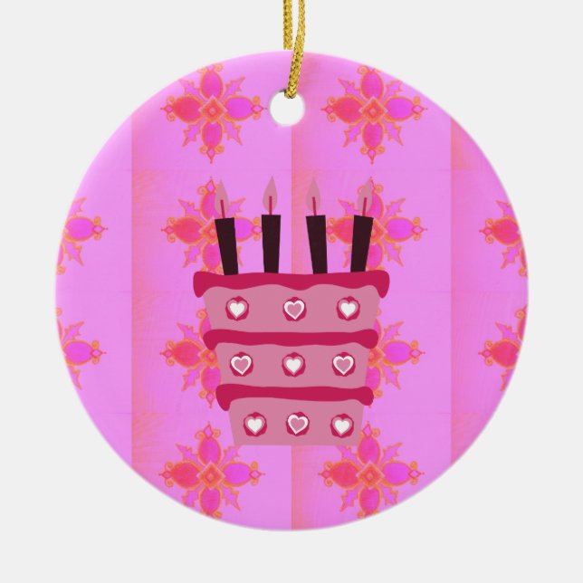 Pink Birthday Cake Art Print Ceramic Tree Decoration (Front)