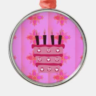 Pink Birthday Cake Art Print Metal Ornament
