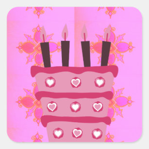 Pink Birthday Cake Art Print Square Sticker