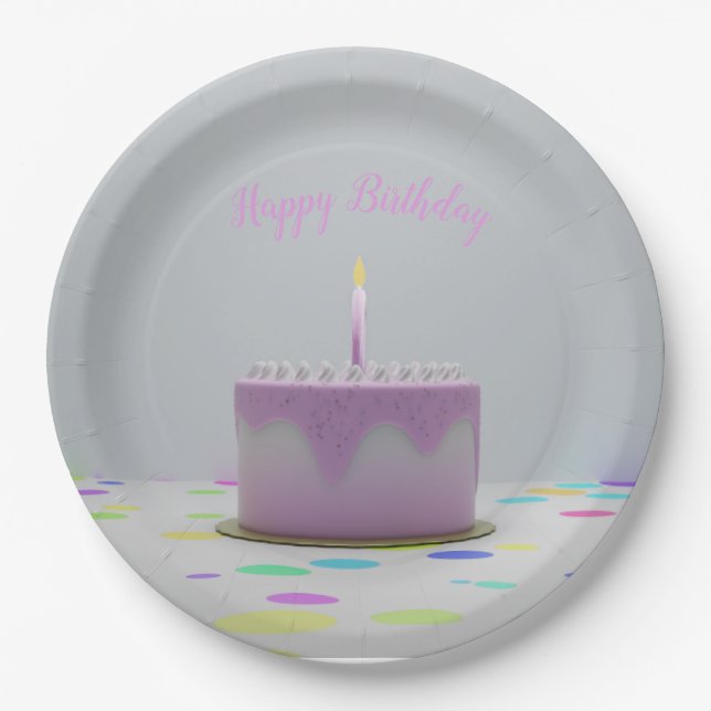 Pink Birthday Cake Paper Plate (Front)