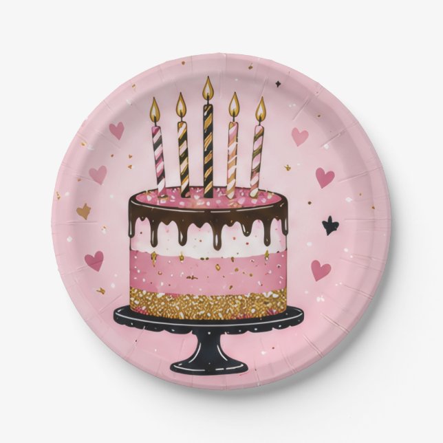 Pink Birthday Cake Paper Plates (Front)