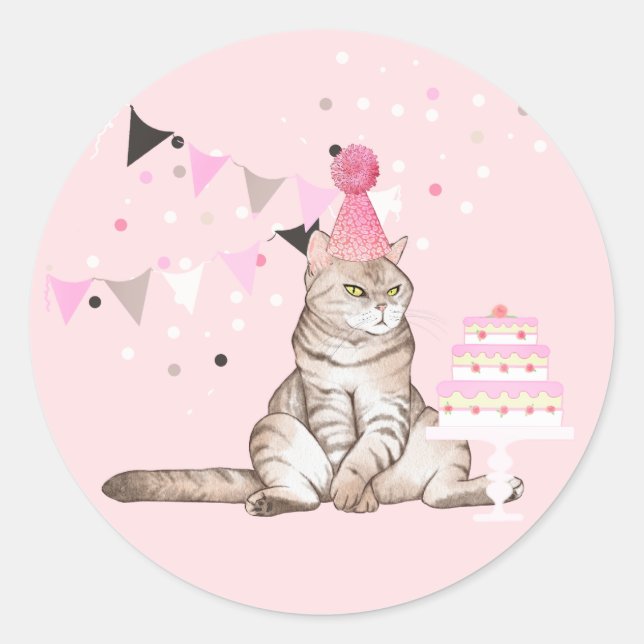 Pink Birthday Cat Party  Classic Round Sticker (Front)