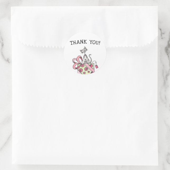 Pink Birthday Cat  Thank You Classic Round Sticker (Bag)