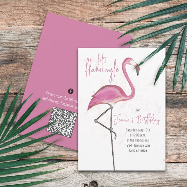 Pink Birthday Cute Flamingo QR Code Social Media Invitation (Creator Uploaded)