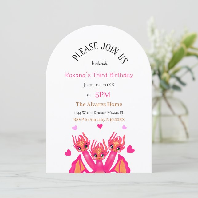 Pink Birthday Dragon them Invitation (Standing Front)
