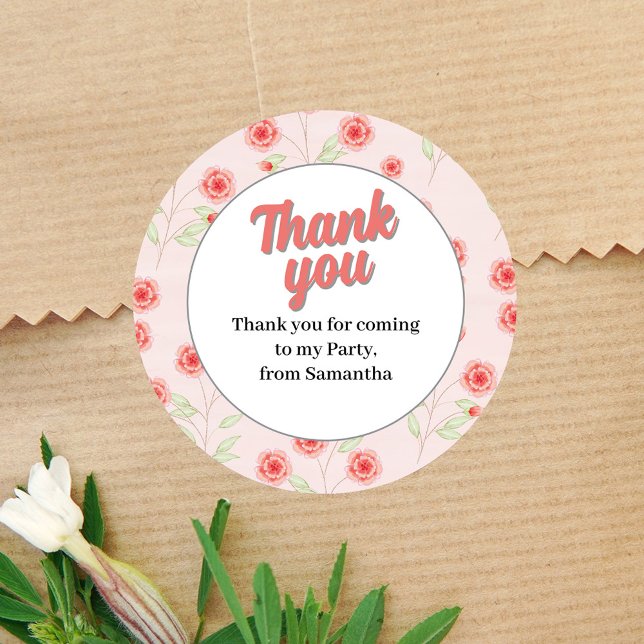 Pink Birthday Girl Party Thank You Classic Round Sticker (Pink Floral Thank you Party Favor Stickers.)