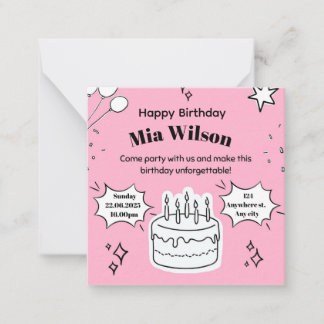 Pink Birthday Invitation with  Cake Illustration