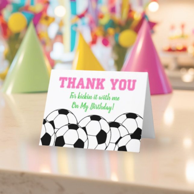 Pink Birthday Soccer Theme Thank You Card For Girl (Pink Soccer Birthday Thank You Card)