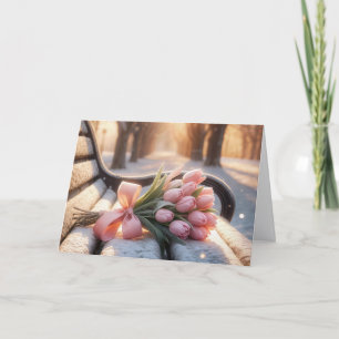 Pink Birthday Tulips On a Snowy Bench Card