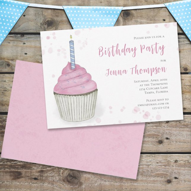 Pink Birthday Whimsical Cute Cupcake Simple  Invitation (Creator Uploaded)