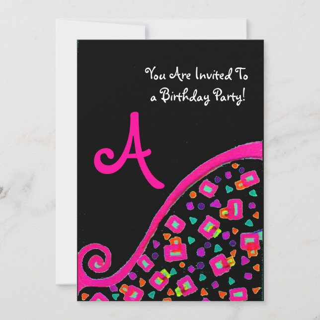 PINK BLACK ABSTRACT DECO BIRTHDAY PARTY MONOGRAM INVITATION (Front)