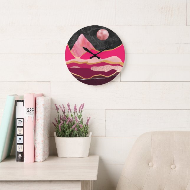 Pink & Black abstract mountain landscape Large Clock (Reading Room)