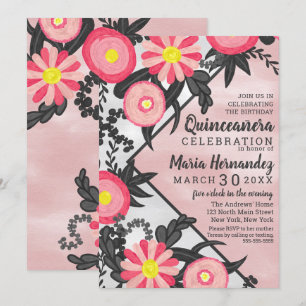 Pink Black Acrylic Floral Watercolor Quinceañera Invitation