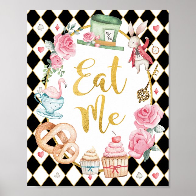 Pink Black Alice in Wonderland EAT ME Party Sign (Front)