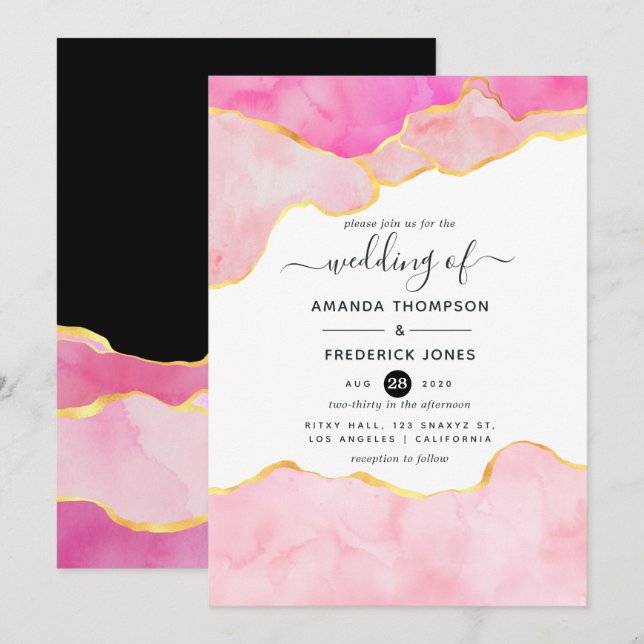 Pink, Black and Gold Agate Wedding Invitation (Front/Back)